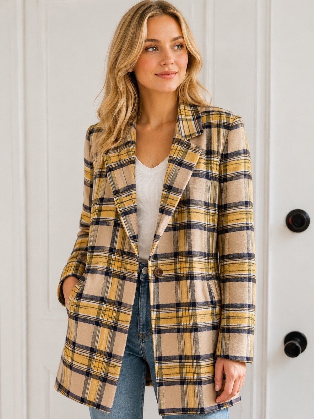 Skies Are Blue Blazer Womens Plaid Jacket Workwear Yellow Size Small